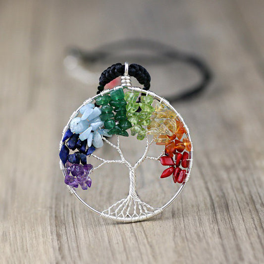 🌳 Natural Crystals Tree of Life PRIDE Rainbow Necklace 🌈 – Handcrafted LGBTQ+ Symbolic Jewelry