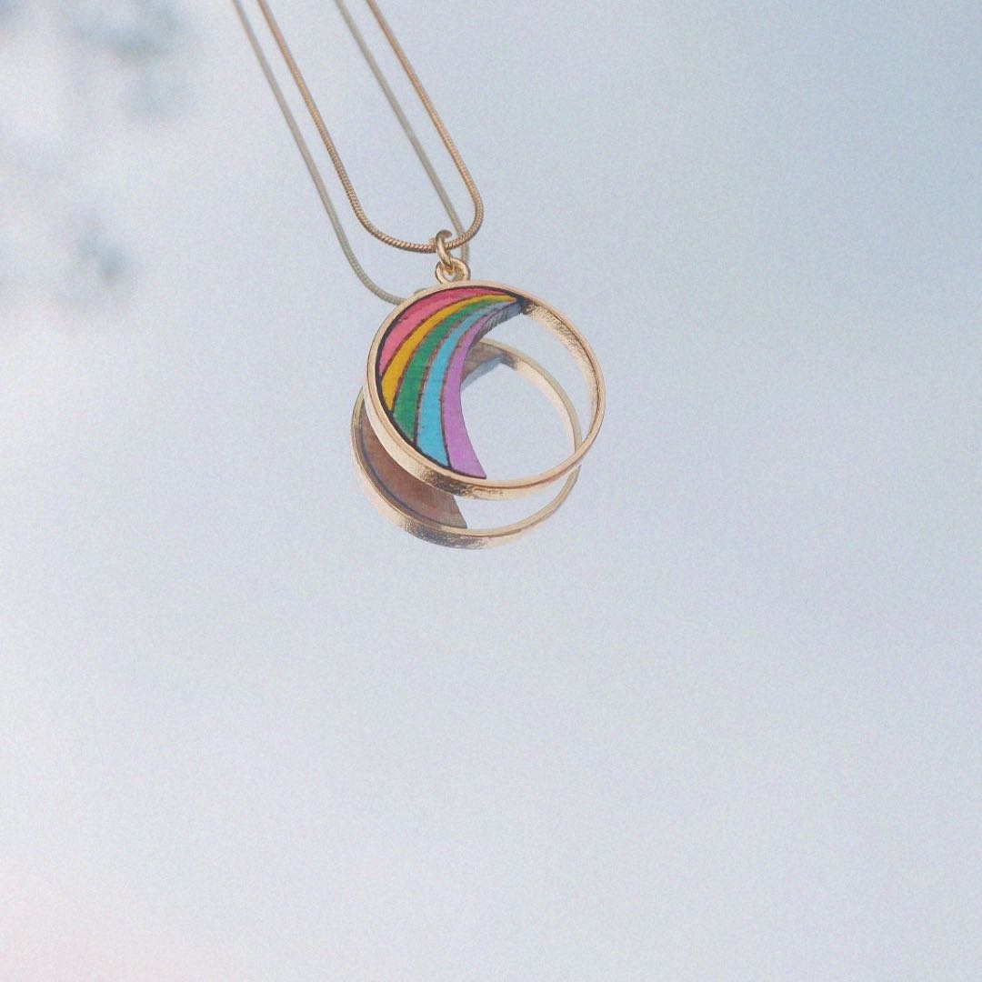 🌈✨ Rainbow Eco-Friendly Recycled Wood Necklace – Handmade Pendant with 24K Gold Chain | Upcycled, Vegan, Sustainable 💛🌿
