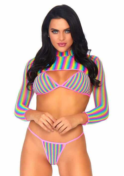 🌈🔥 XXX Adult Rainbow Fishnet Bikini Set – 3PC Festival & Pride Lingerie 💋✨